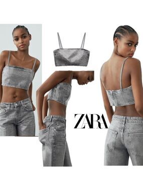 Zara TRF gray foil sequin embellished denim jean crop top sparkly Sz XL NWOT